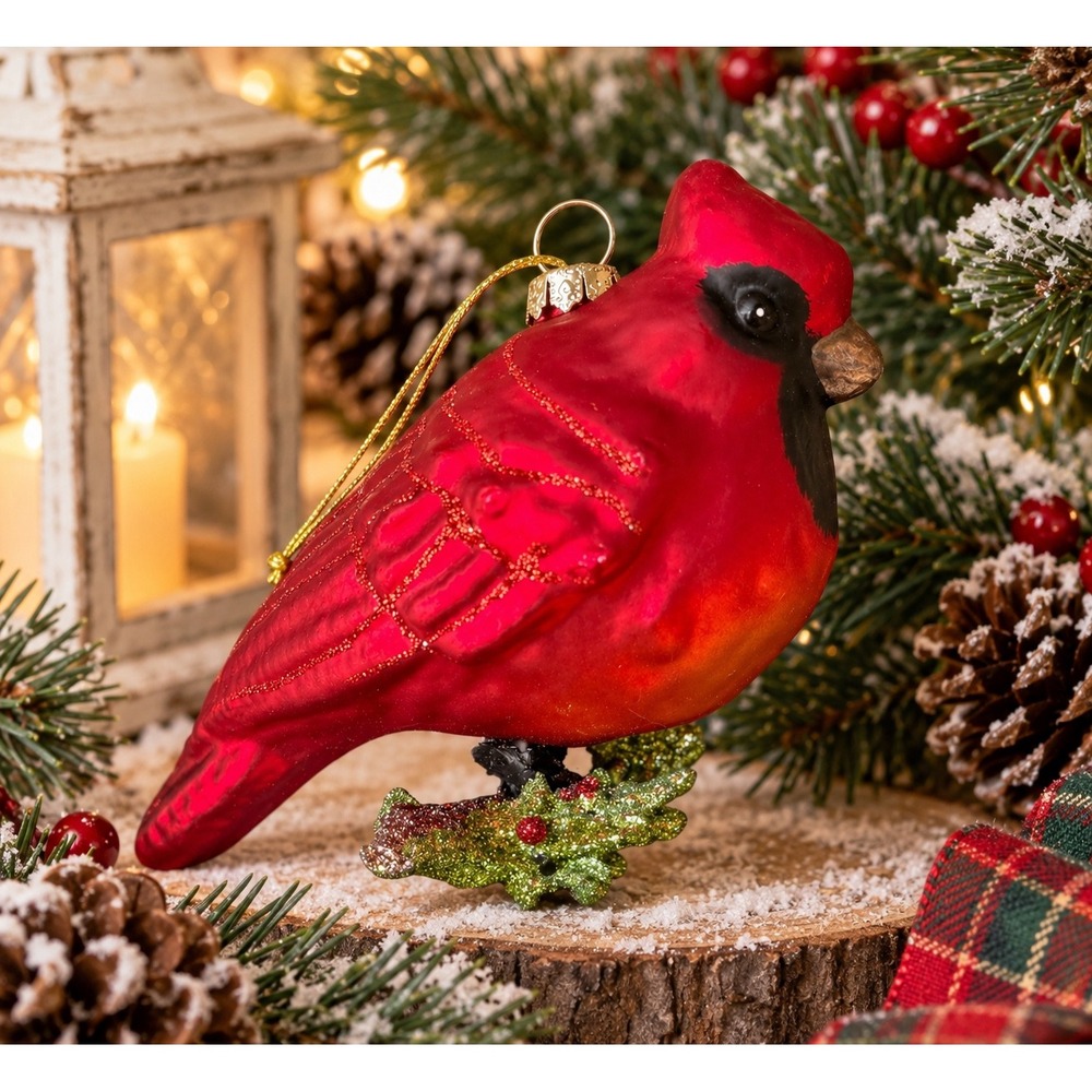 Red Cardinal Glass Christmas Ornament Glitter Holly Branch Bird Holiday Decor